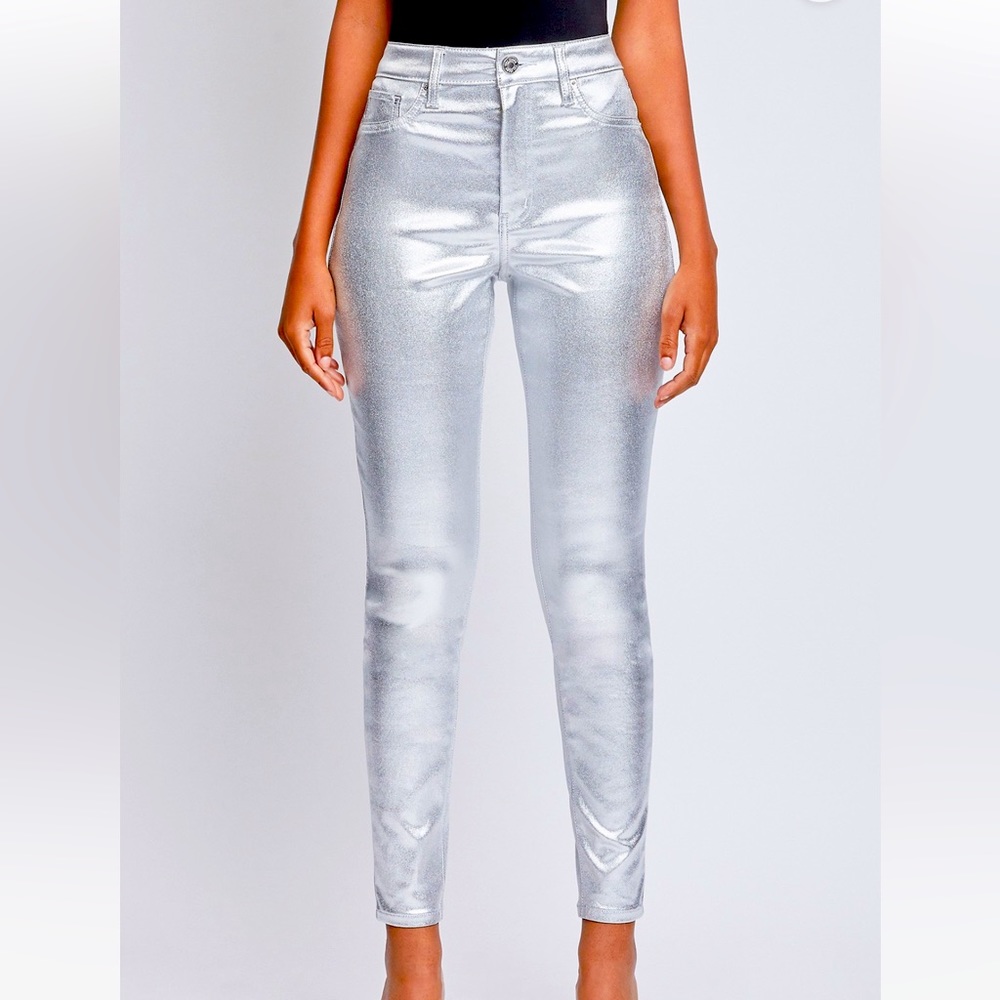 High rise metallic skinny jeans